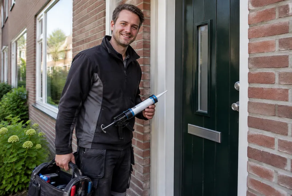 Vakman van Kitbedrijf Naaldwijk bij de voordeur van een woning